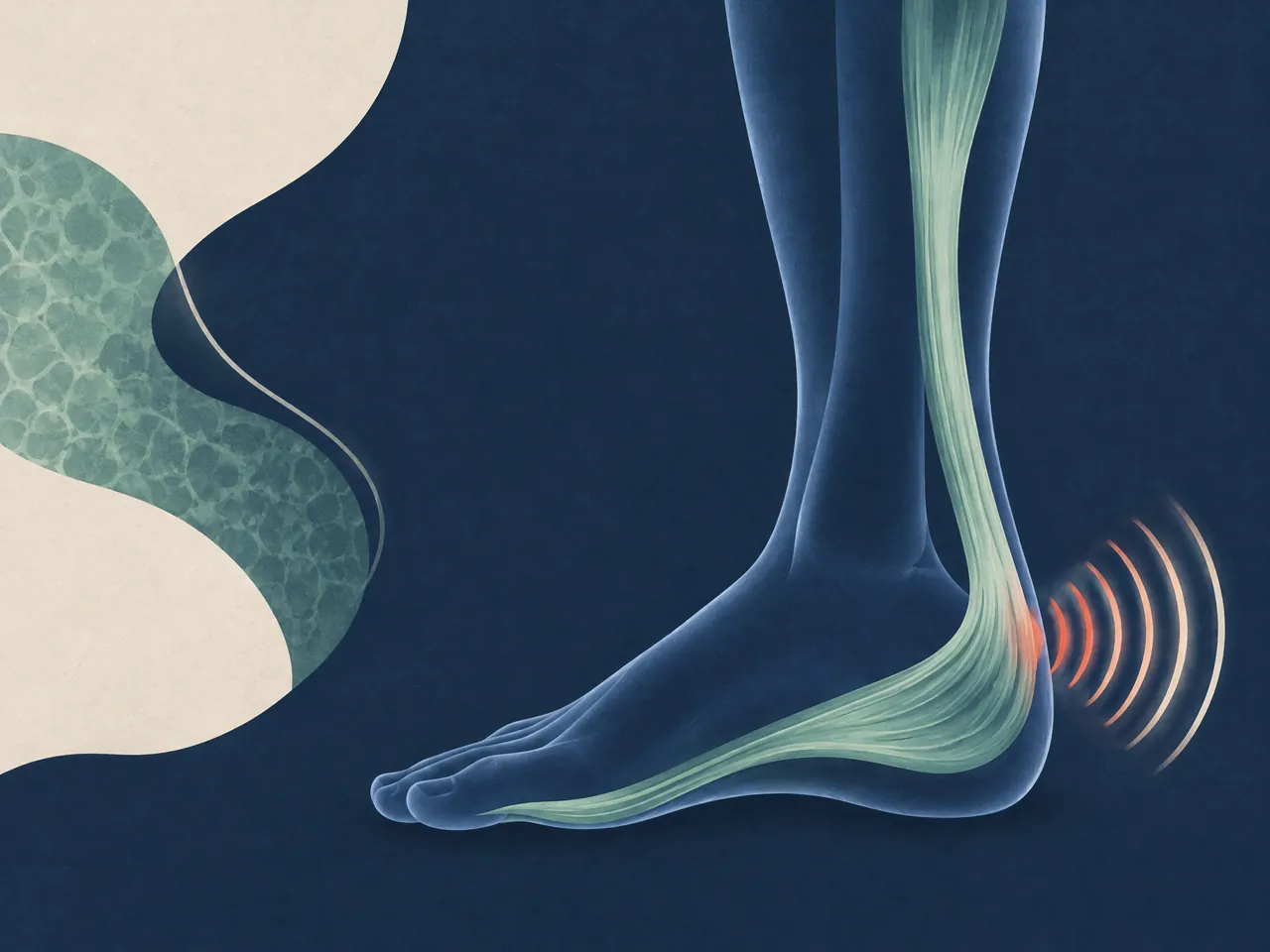 pain assessment — A stylised lower leg and foot shows the Achilles tendon and plantar fascia as muted jade fibre bands with heel wave pulses — Hong Kong
