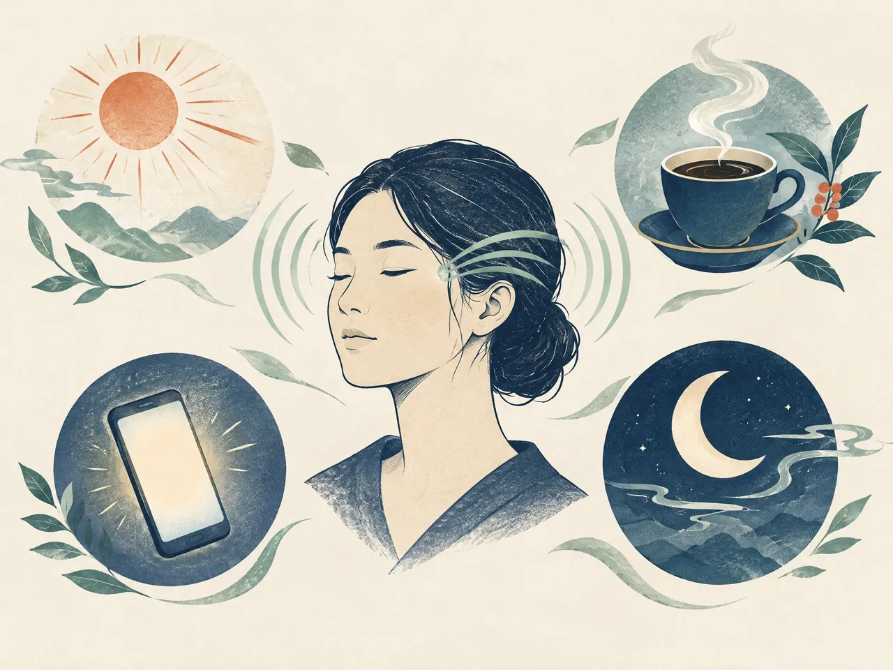 migraine medication side effects — A composed head portrait surrounded by symbolic sunlight, coffee, phone-screen, and sleep cues to represent possible headache triggers — Hong Kong