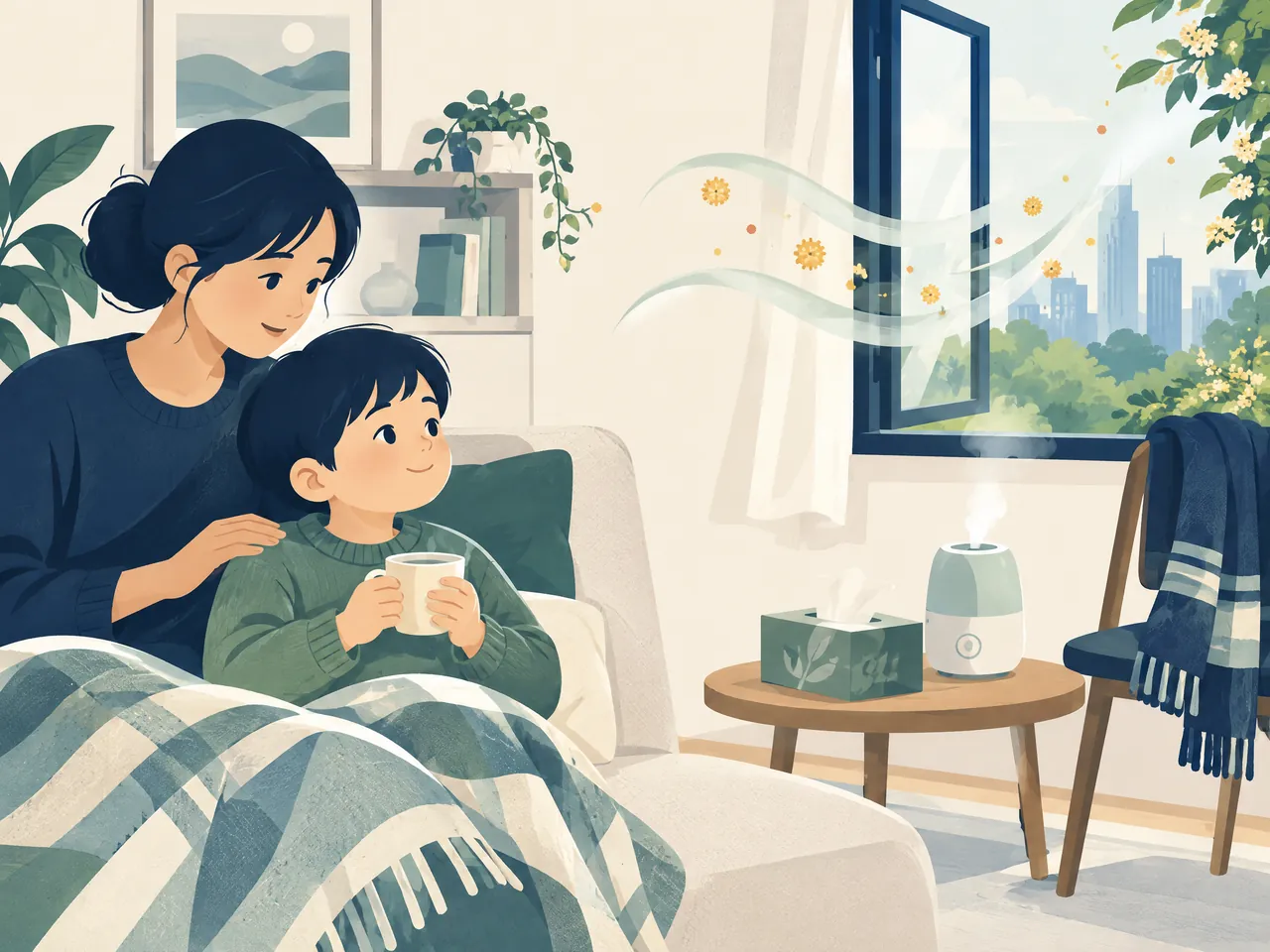 paediatrics in CM — Parent and young child at home beside an open window, humidifier and scarf, with gentle pollen-like seasonal air currents outside — Hong Kong