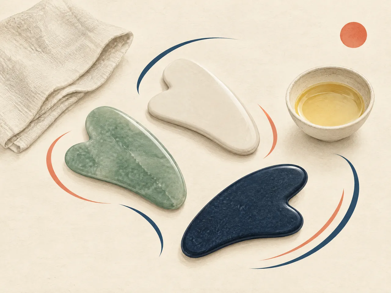 body gua sha — Three unbranded gua sha tools arranged with a folded cloth and a small bowl of oil, with curved marks suggesting controlled gliding — Hong Kong