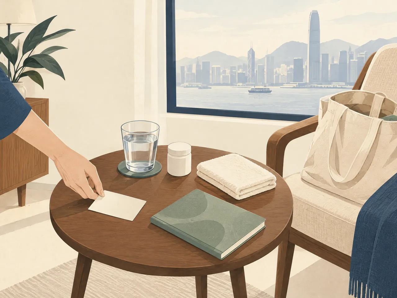 home visit Chinese medicine Hong Kong — A prepared apartment side table with water, towel, unlabelled container and folio before a home consultation — Hong Kong