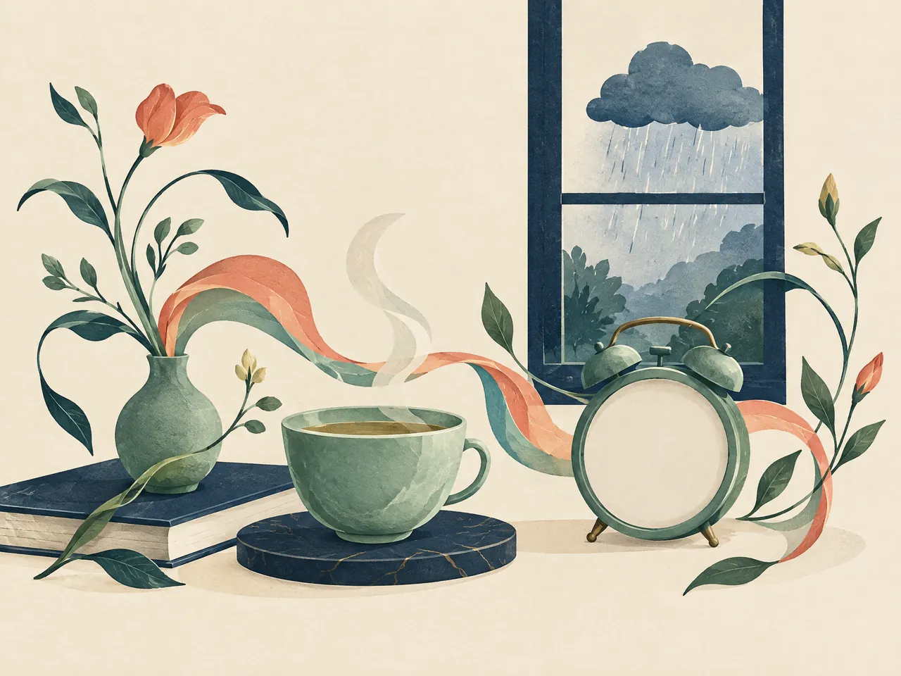 Chinese medicine postnatal assessment — A jade teacup, blank-faced alarm clock, rain-lit window and botanical ribbon form a still life of everyday cycle influences — Hong Kong