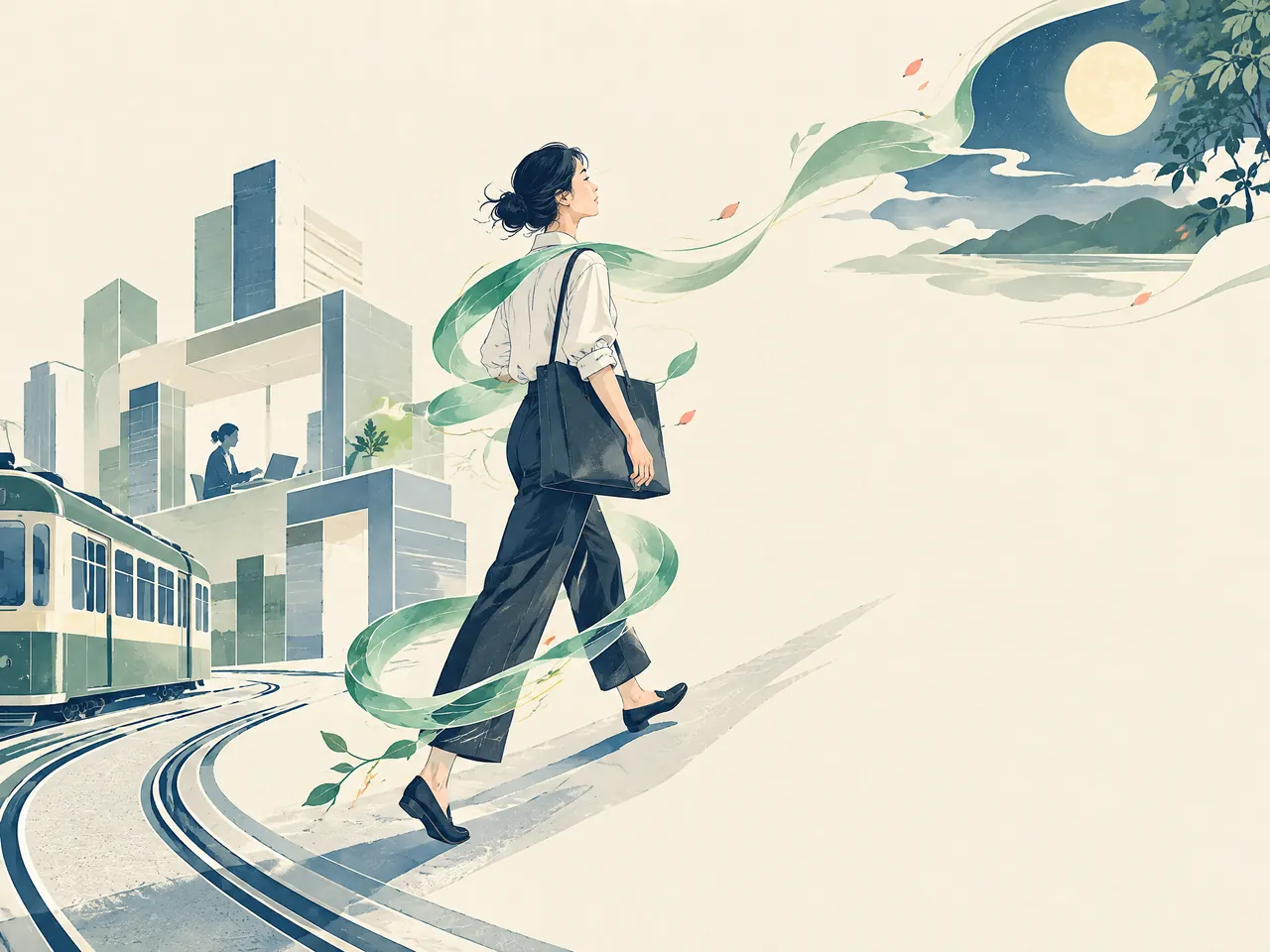 Kwun Tong Chinese medicine clinic — A commuter walking beside tram tracks and office forms, with a flowing jade ribbon linking movement and evening rest — Hong Kong