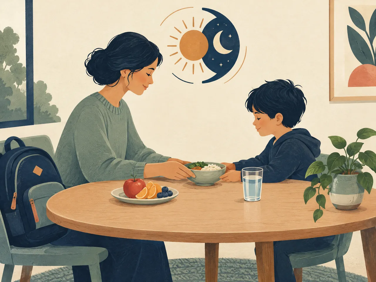 paediatrics in CM — Parent and school-age child sharing a simple after-school meal beside a school bag, water and a sun-and-moon routine motif — Hong Kong