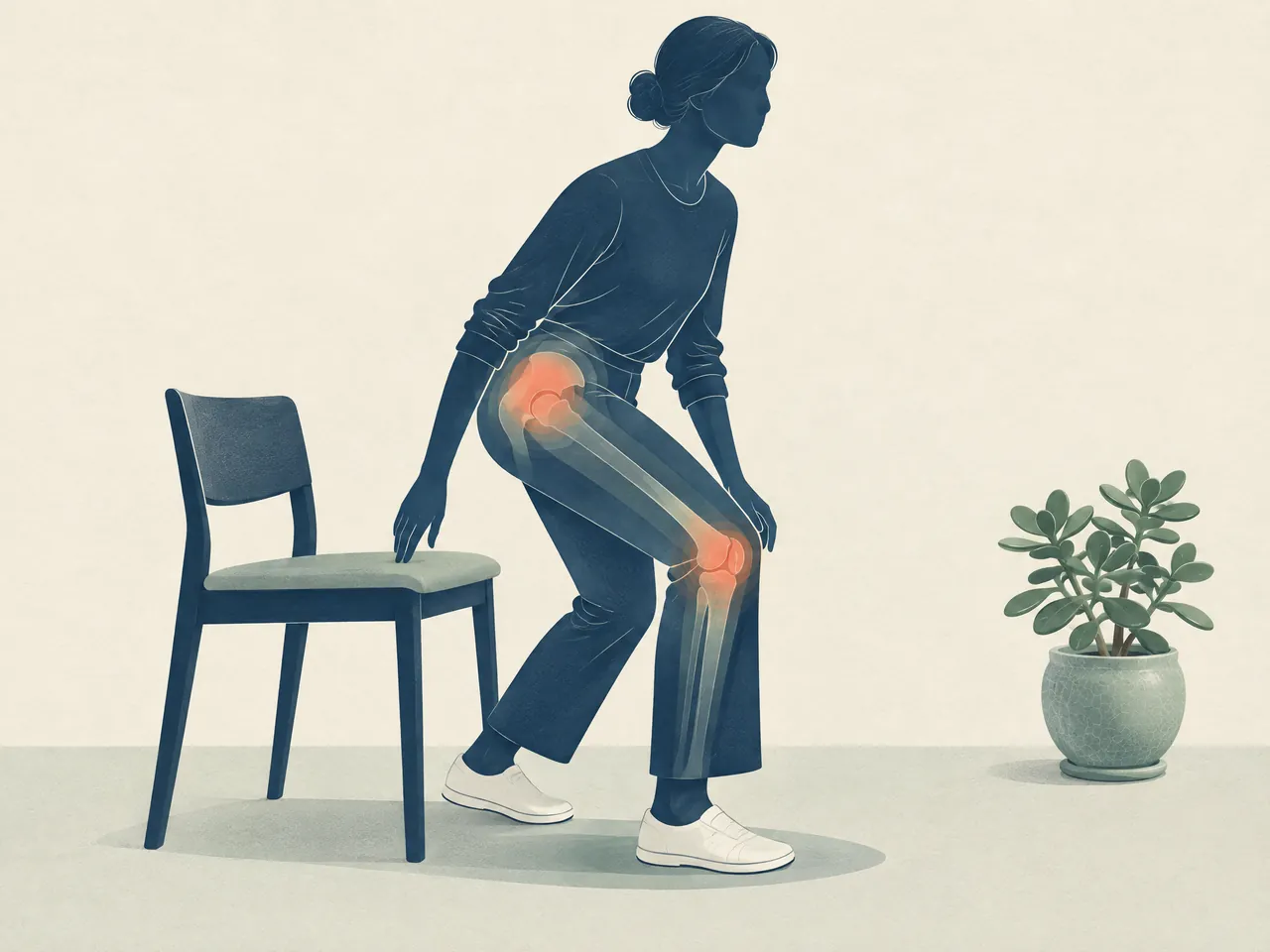 does acupuncture help hip pain — Adult rising from a chair with hip and knee anatomy subtly visible, illustrating everyday weight transfer at home — Hong Kong