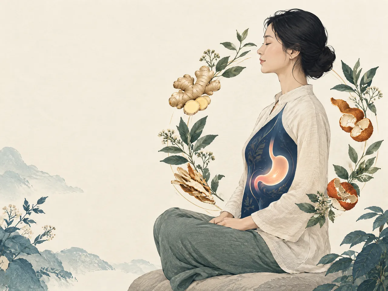 Chinese herbal medicine — A calm seated adult with a symbolic stomach silhouette, encircled by ginger, dried citrus peel and botanical specimens — Hong Kong