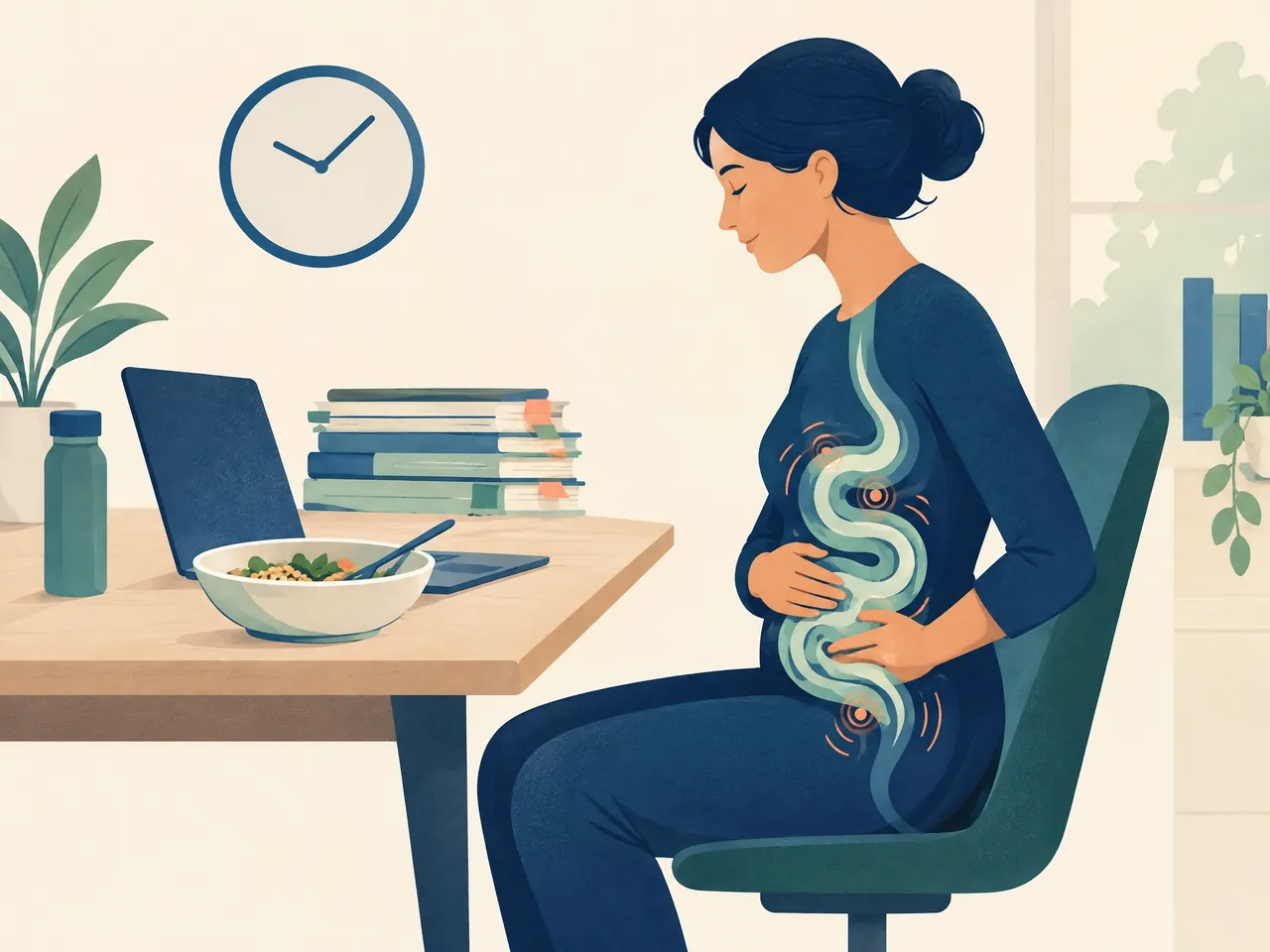 IBS acupuncture — An office worker pauses at a desk with a meal and laptop while a stylised digestive pathway and coral pressure rings illustrate daily load — Hong Kong