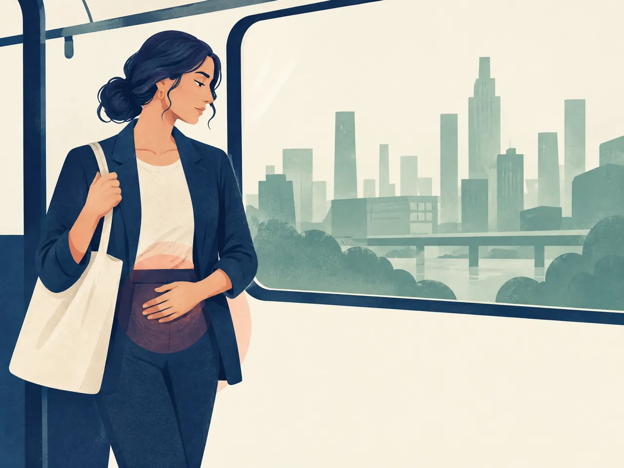 sciatica diagnosis and examination — Commuter with a work tote pauses by a transit window and rests a hand over her lower abdomen — Hong Kong