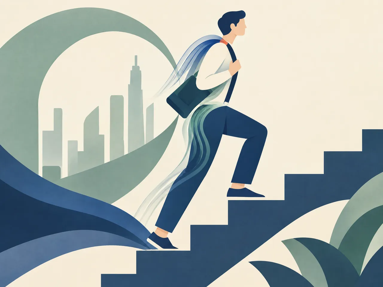 tui-na Hong Kong — Commuter climbing stairs with a shoulder bag and everyday movement-load ribbons — Hong Kong