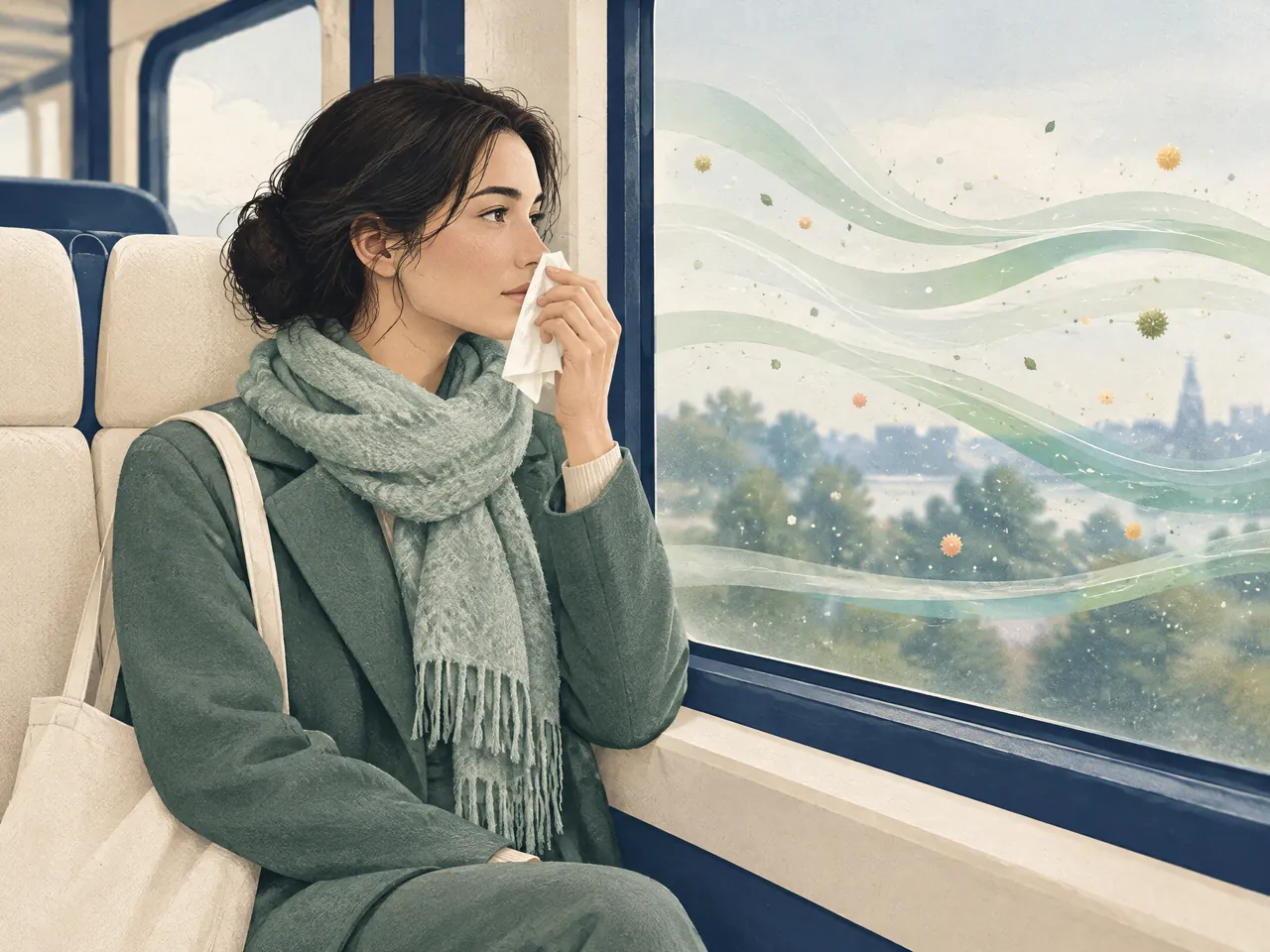 non-allergic rhinitis — A commuter with a tissue and scarf on a train, alongside subtle air currents and outdoor particles beyond the window — Hong Kong