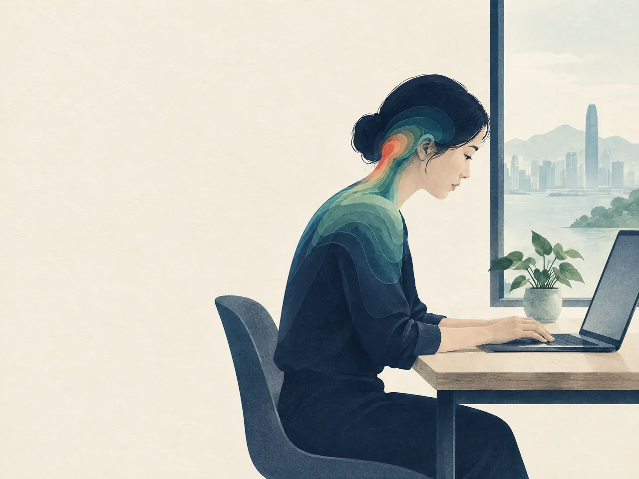 migraine medication side effects — An office worker at a laptop with translucent jade and midnight-blue shoulder and neck layers showing daily posture-related tension — Hong Kong