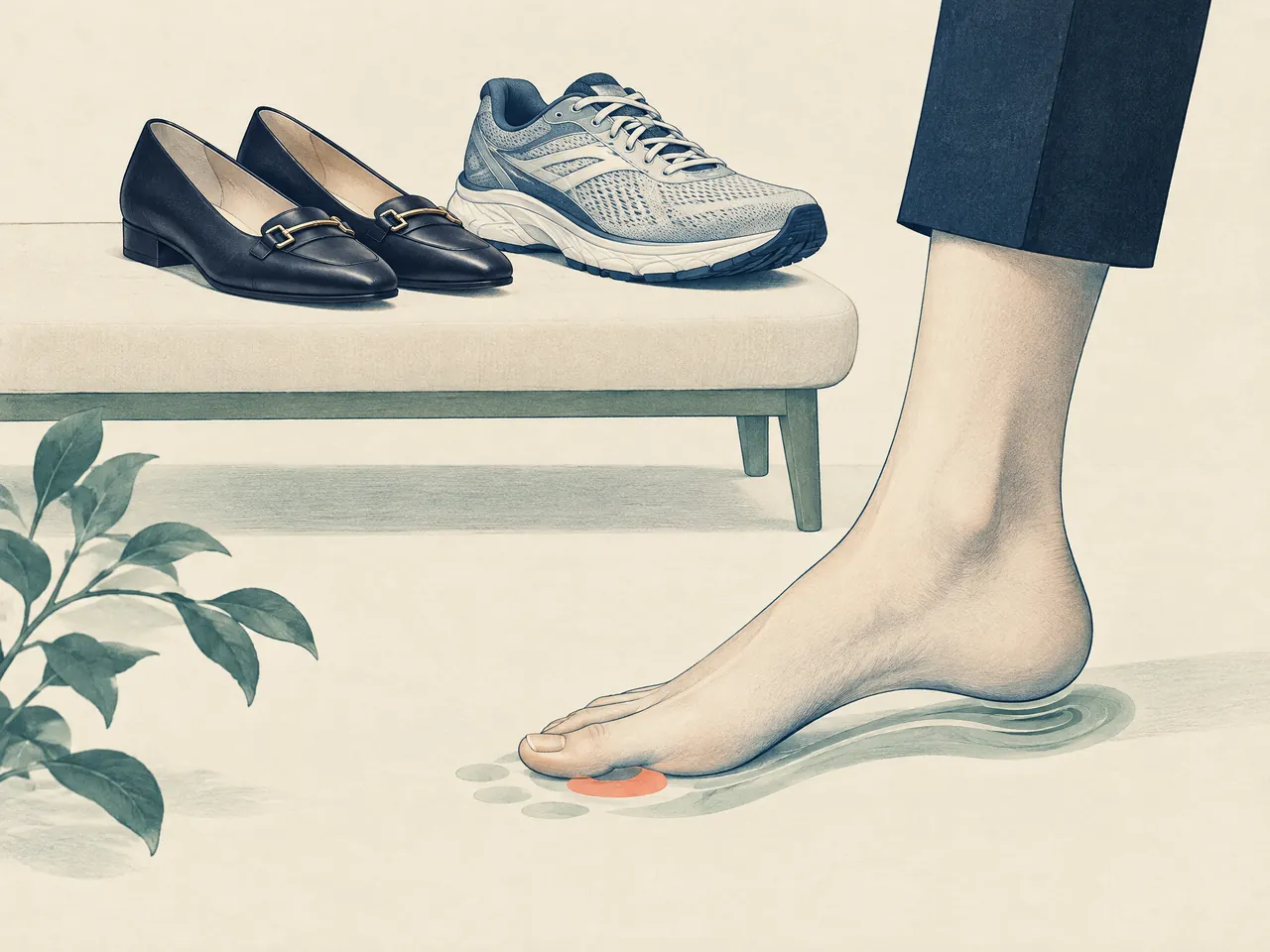 recurrent ankle sprains — Bare foot beside city shoes and a running shoe, focusing on the arch, heel and a small forefoot pressure accent — Hong Kong