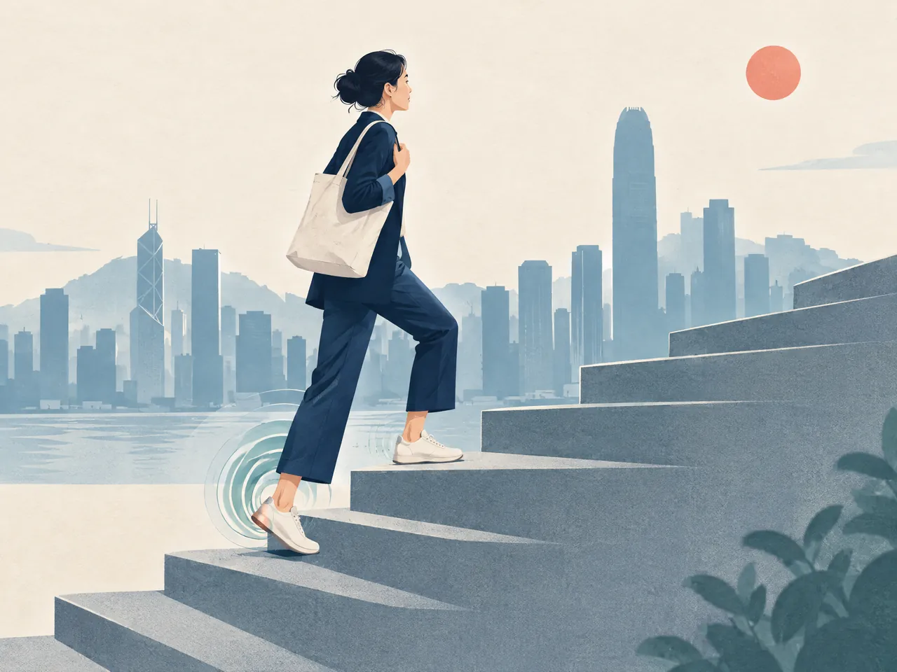 pain assessment — A Hong Kong commuter climbs stairs while subtle jade rings show repeated lower-limb loading around one heel — Hong Kong
