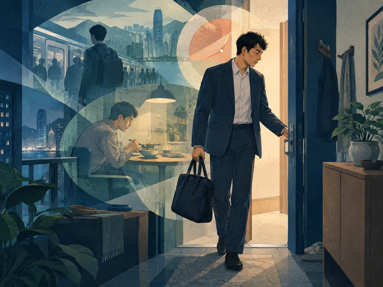 insomnia assessment — A commuter arrives home carrying a work bag as layered scenes of travel and a late meal suggest accumulated evening demands — Hong Kong