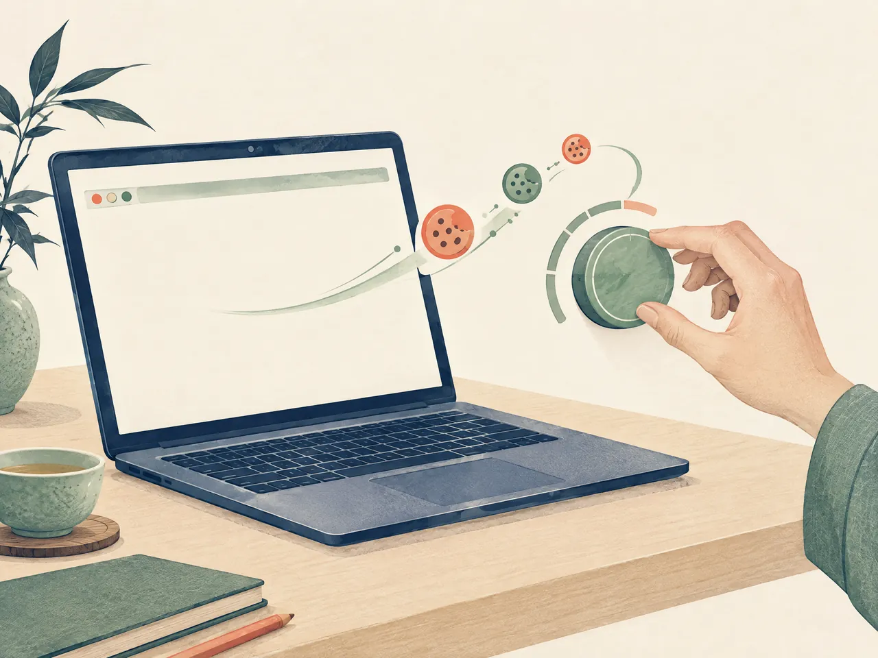 TCM Lab health information — A hand adjusts a jade preference dial beside an unlabelled laptop browser window and abstract cookie tokens, illustrating browser cookie settings — Hong Kong