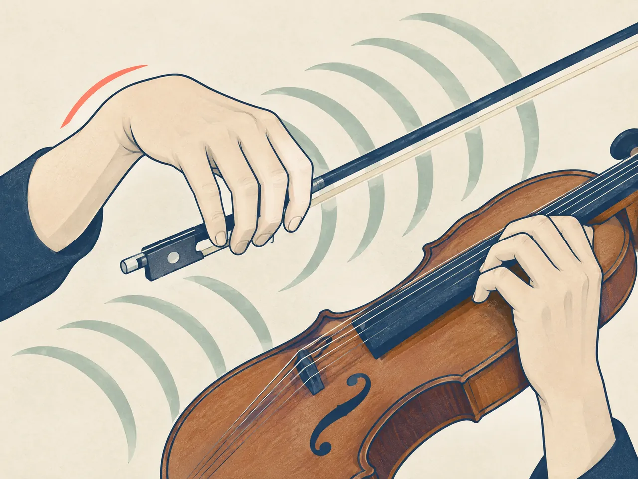 wrist pain — A violin player’s hands holding bow and instrument, with an understated coral arc at the bow-hand wrist and jade repetition marks — Hong Kong