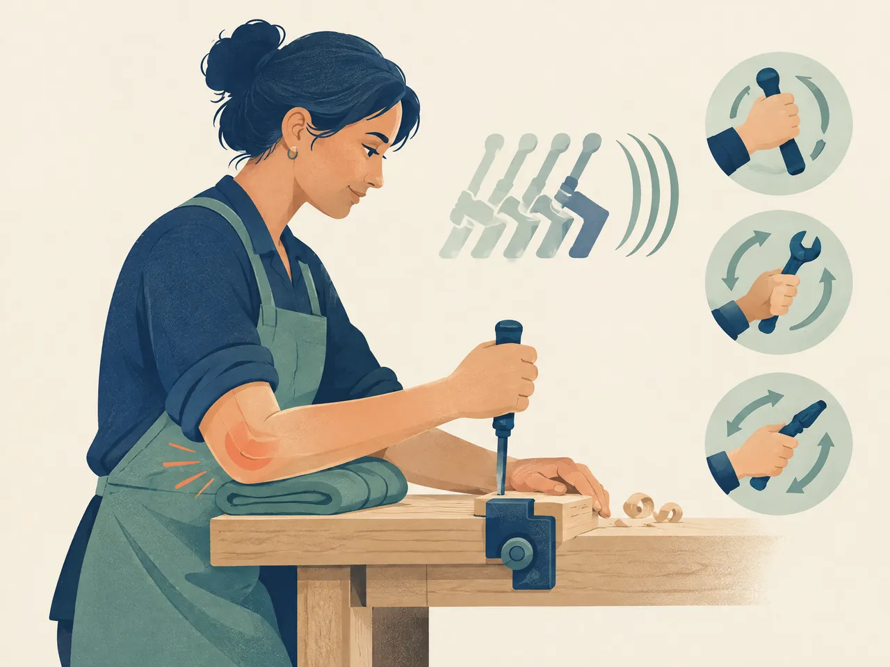tennis elbow TCM — Craftsperson using a hand tool at a workbench, illustrating gripping and twisting load through the elbow and forearm — Hong Kong