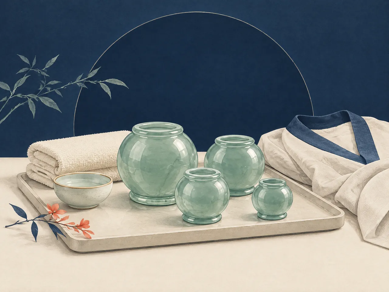cupping therapy Hong Kong — A prepared tray with jade glass cupping vessels, folded towel, ceramic bowl and robe — Hong Kong