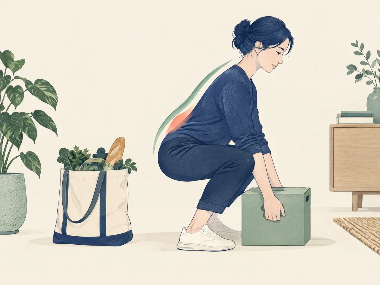 how does acupuncture help back pain — An adult using a deep knee bend to lift a small box close to the body beside grocery items, with a subtle lower-back cue — Hong Kong