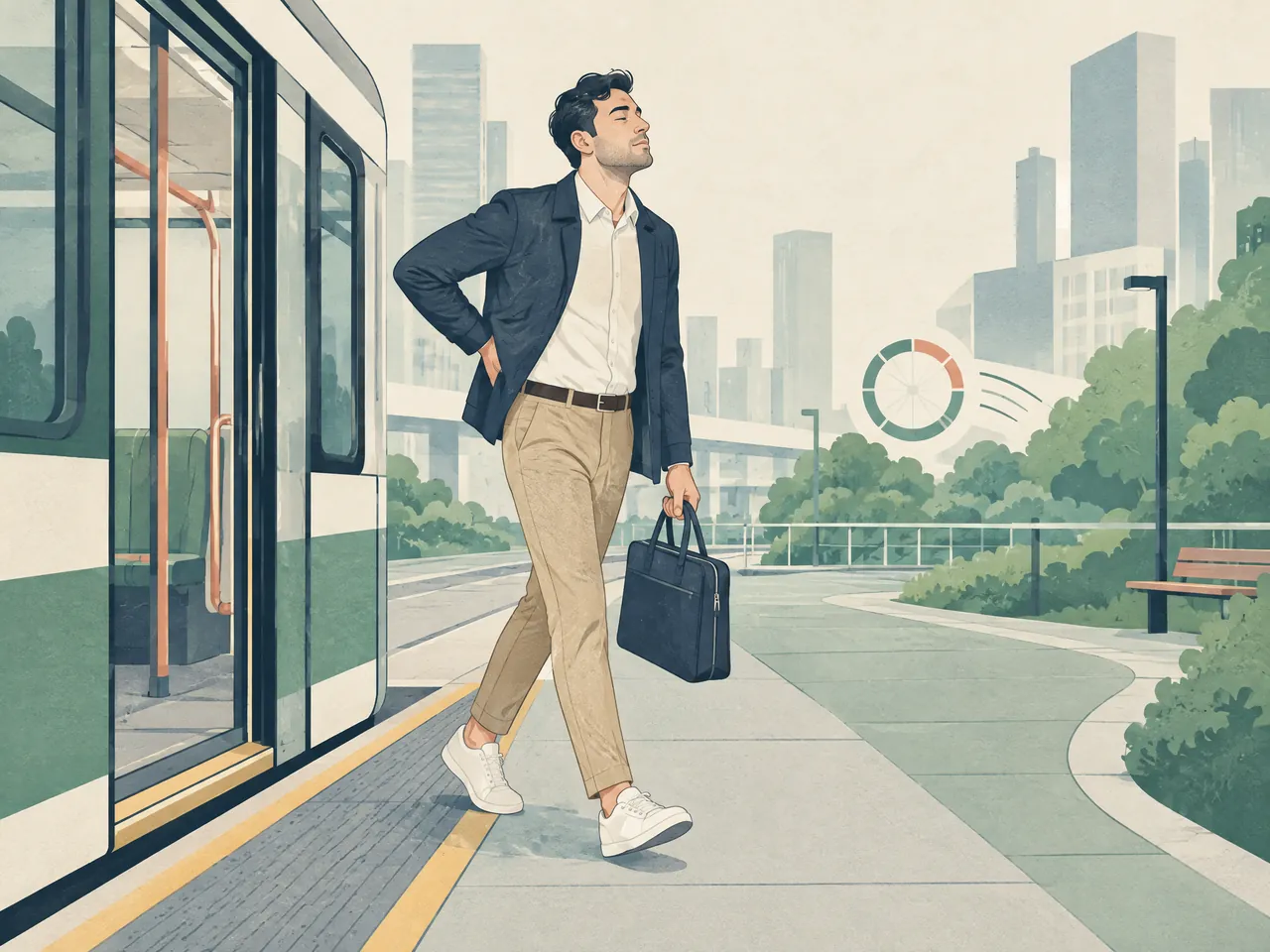 when should I seek urgent help for difficulty urinating — A working man stepping away from public transport and easing his lower back beside a green urban path, illustrating daily load and movement — Hong Kong