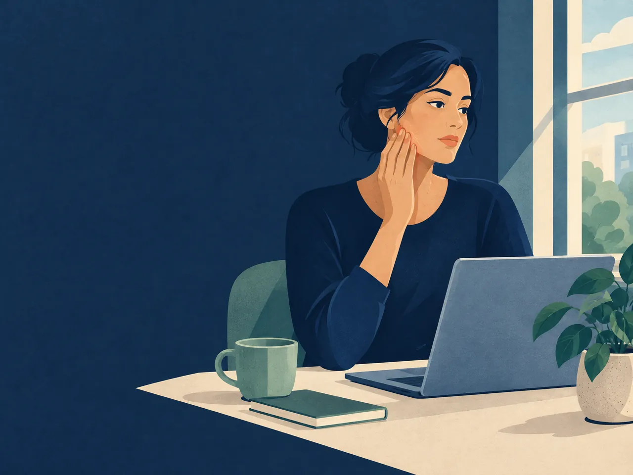 acne scar types — An adult pausing at a desk to rest the jaw and cheek during a screen-based work routine — Hong Kong