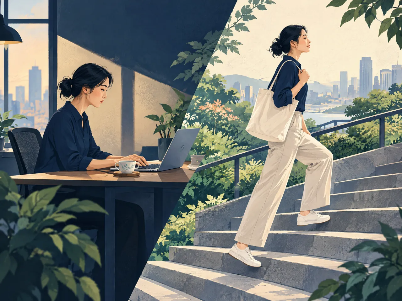 What should I ask before acupoint embedding? — A split scene contrasts desk work with a practical outdoor stair walk through a leafy city setting — Hong Kong