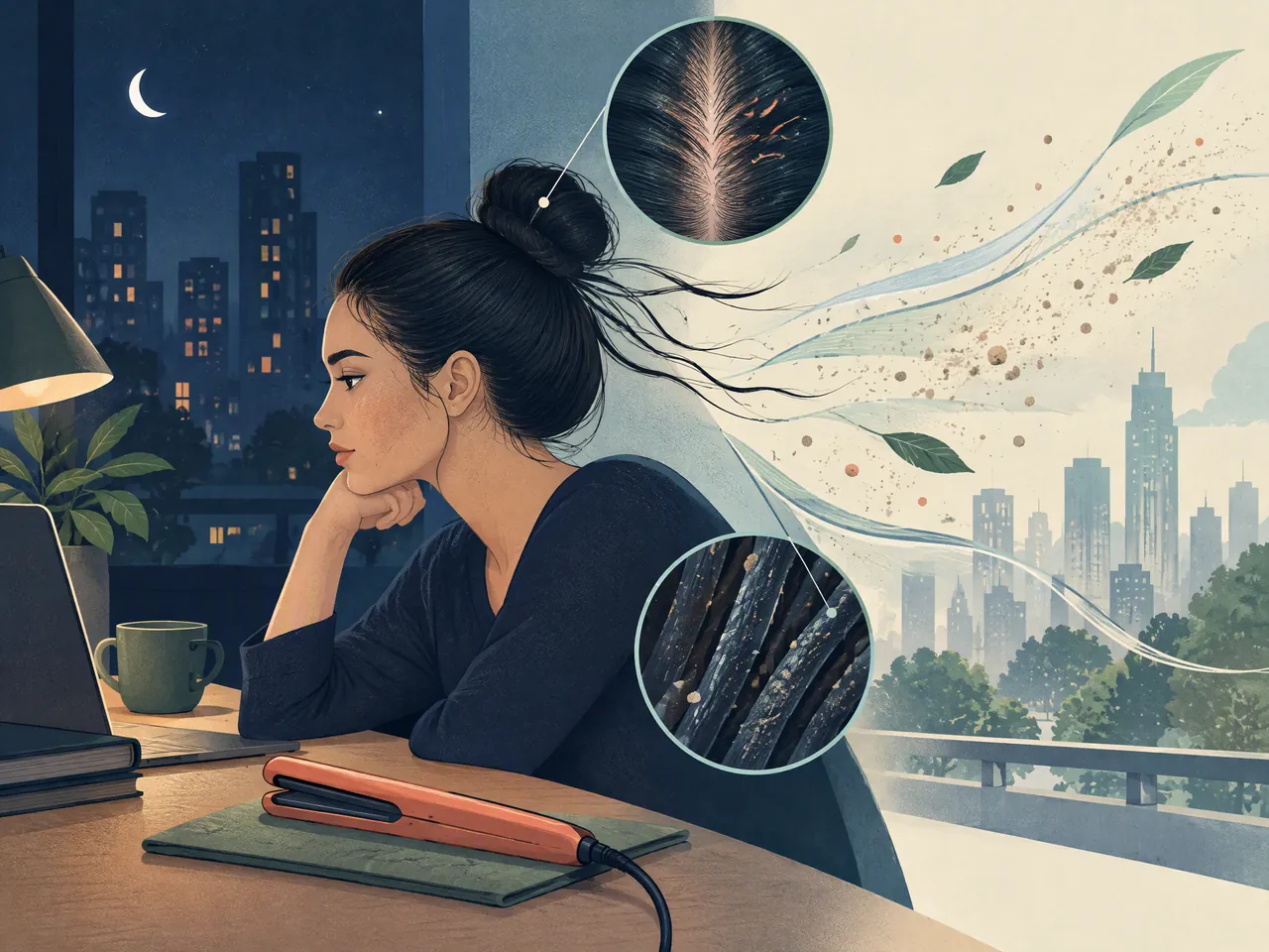 patchy hair loss — An adult with tied hair at an evening desk, with styling tools and city air motifs suggesting everyday scalp and hair load — Hong Kong
