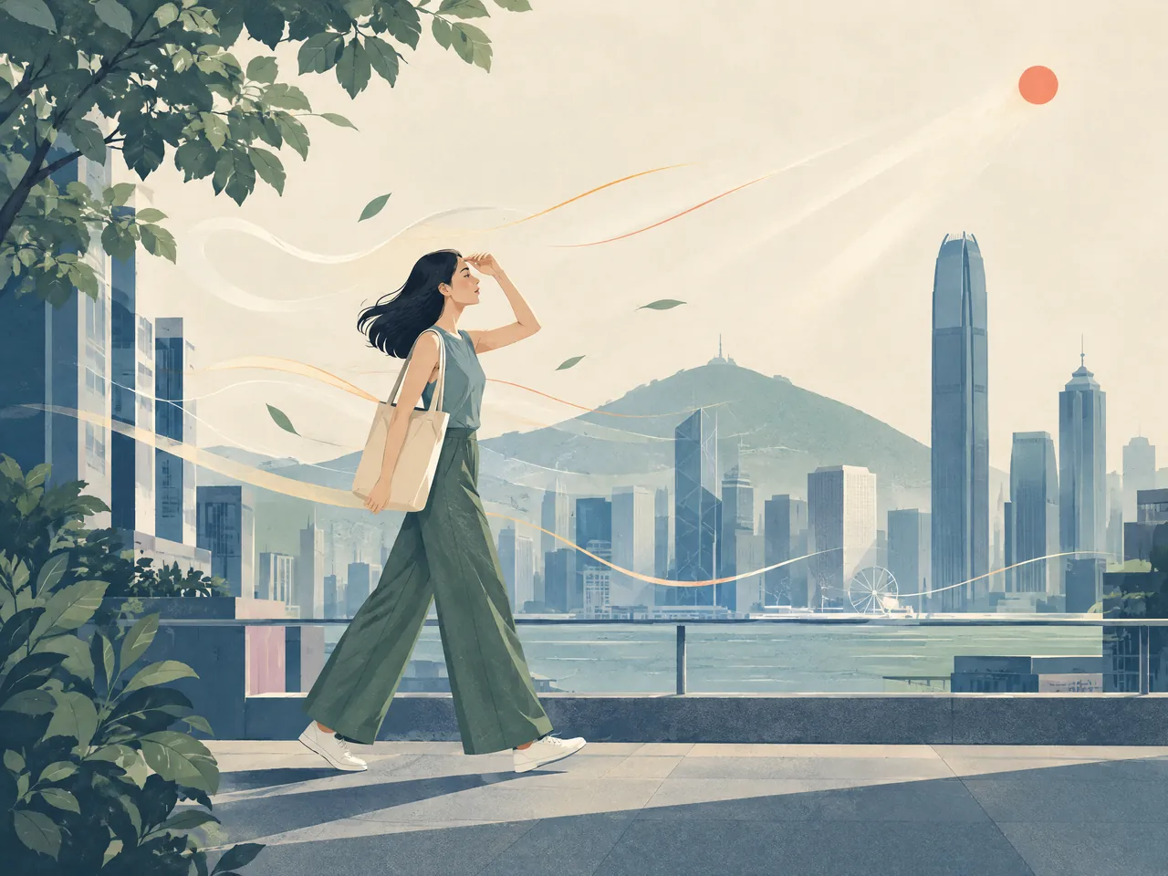 eczema itching relief — City commuter shielding her face from sunlight on a Hong Kong waterfront walkway, with soft airflow and warmth motifs — Hong Kong