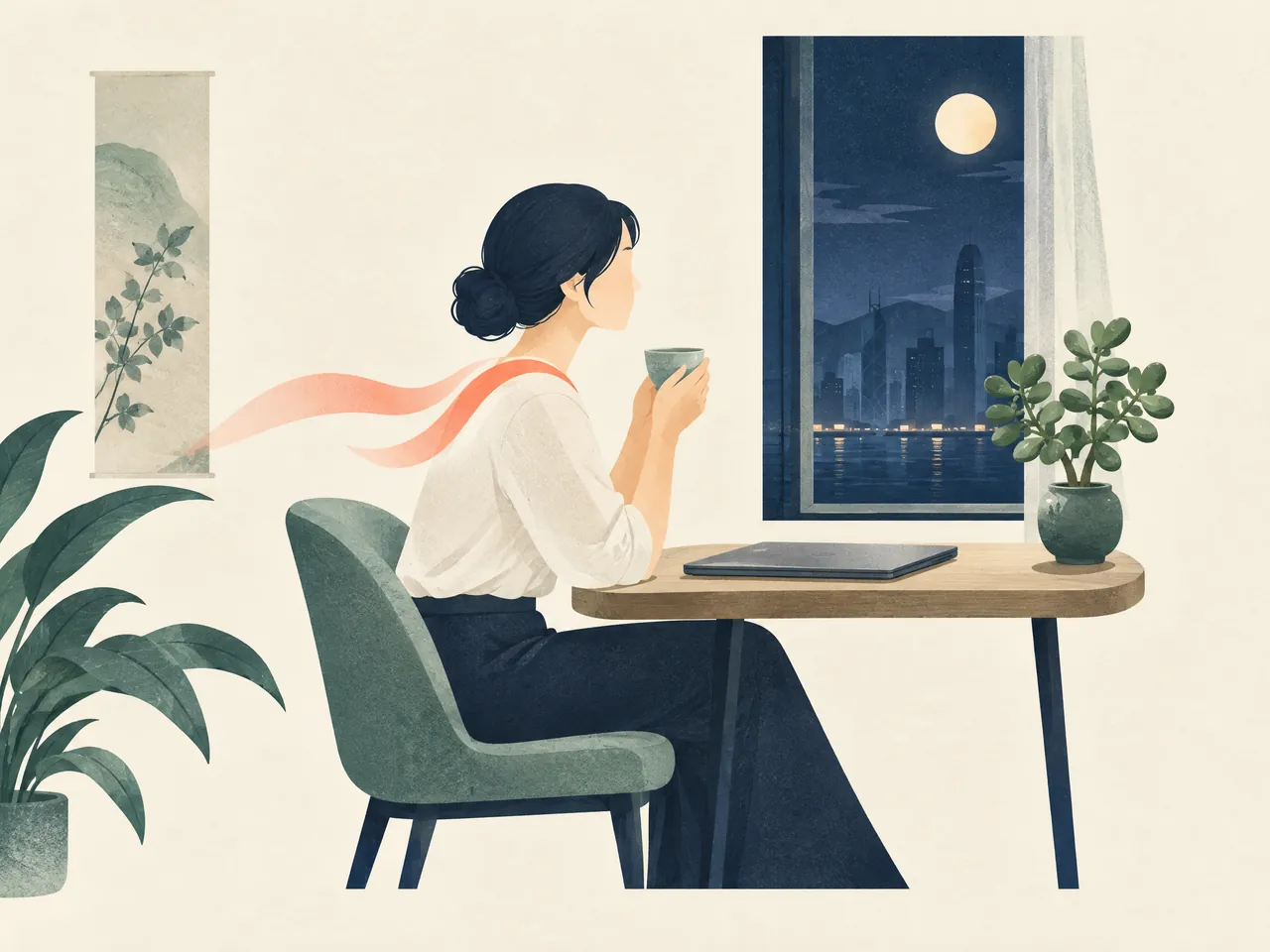 muscle strain red flags — An office worker pausing with tea beside a closed laptop and moonlit window, representing daily workload and rest balance — Hong Kong