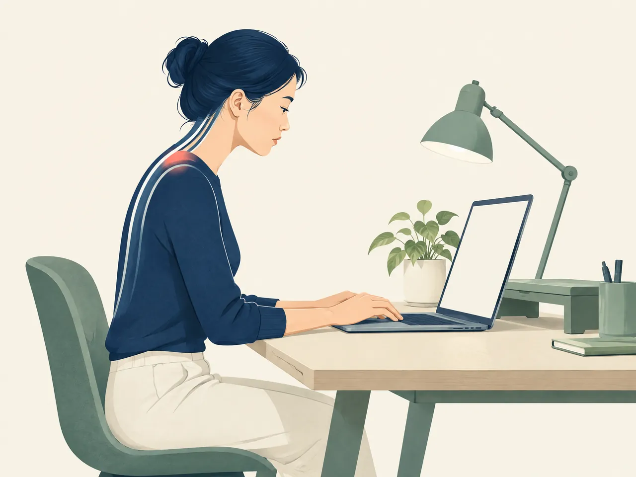 acupuncture for rounded shoulders — Side-view home-office workstation scene showing forward-head and raised-shoulder desk load beside a blank laptop — Hong Kong