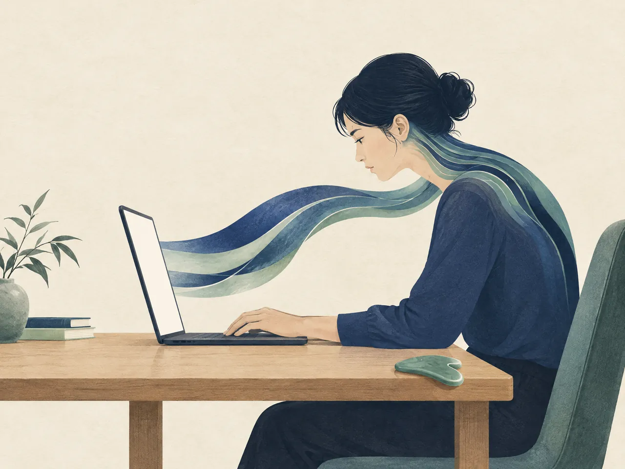 body gua sha — An adult working at a laptop with rounded shoulders, where flowing layered bands visualize everyday neck and shoulder load beside a jade gua sha stone — Hong Kong