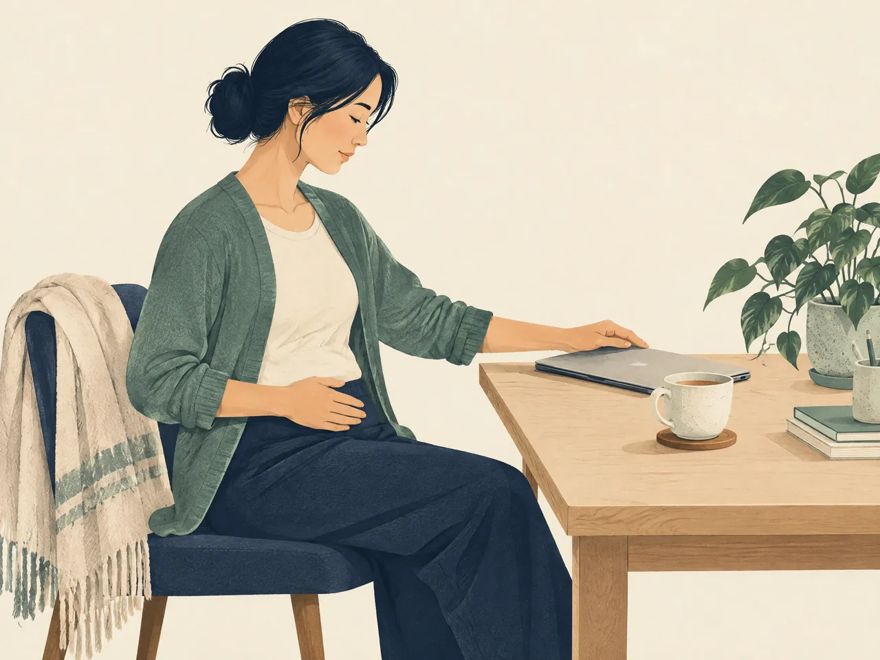Chinese medicine postnatal assessment — A woman pauses from home desk work with a hand over her fully clothed lower abdomen, tea and a plant nearby — Hong Kong