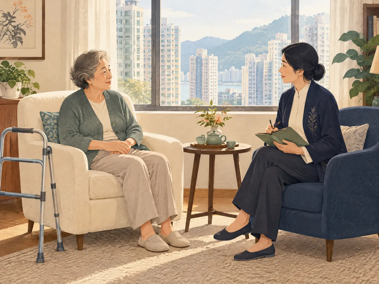 home visit Chinese medicine Hong Kong — An older adult with a walking frame speaking comfortably with a practitioner in a sunlit Hong Kong home — Hong Kong
