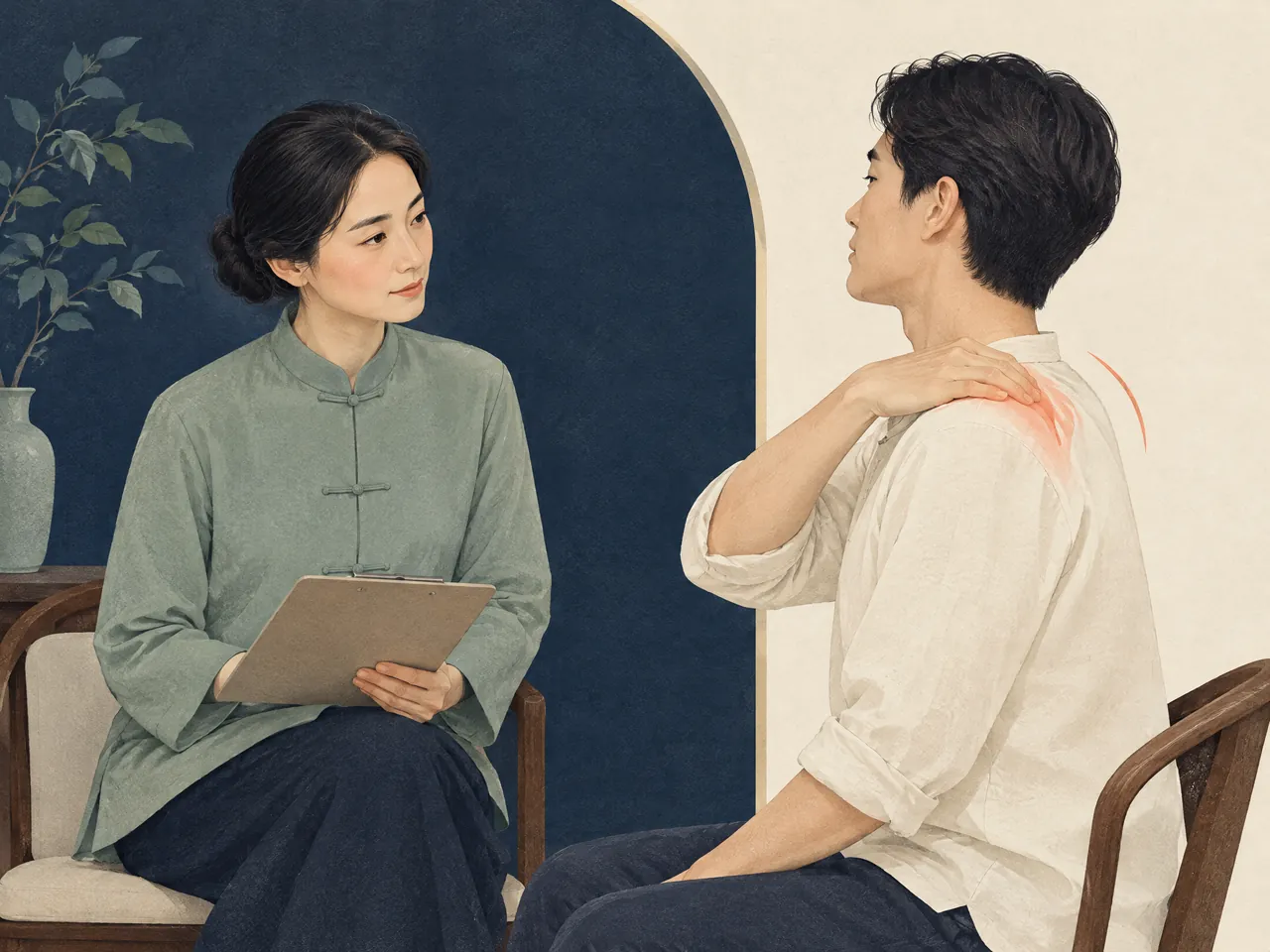 acupuncture for rounded shoulders — Chinese medicine practitioner listening while an adult demonstrates a shoulder movement during a neck-and-shoulder assessment conversation — Hong Kong