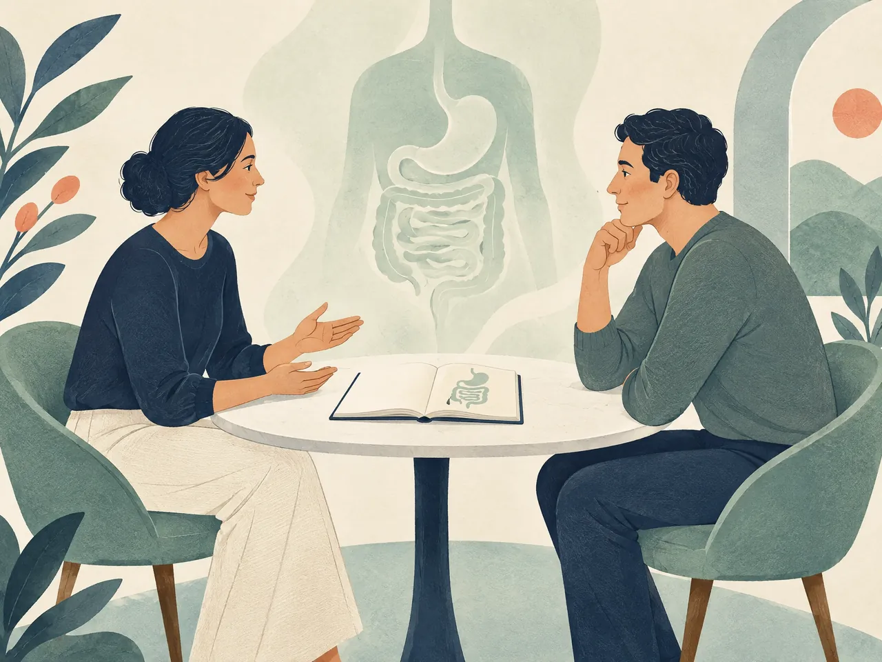IBS acupuncture — Two adults discuss digestive health across a round table with an unlabelled stomach-and-intestine sketch and translucent anatomical silhouette — Hong Kong