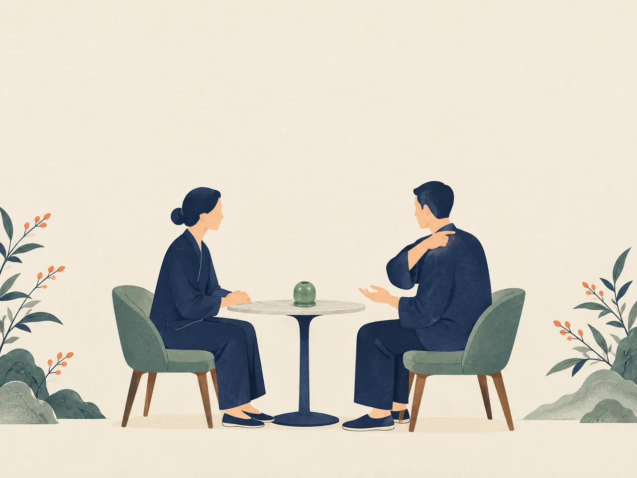 cupping therapy Hong Kong — Two adults discuss an upper-shoulder concern at a small table with one jade cupping vessel — Hong Kong