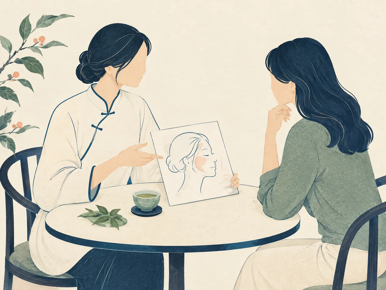 eczema itching relief — A Chinese medicine practitioner and visitor discuss a blank facial-profile sketch during a calm skin assessment conversation — Hong Kong