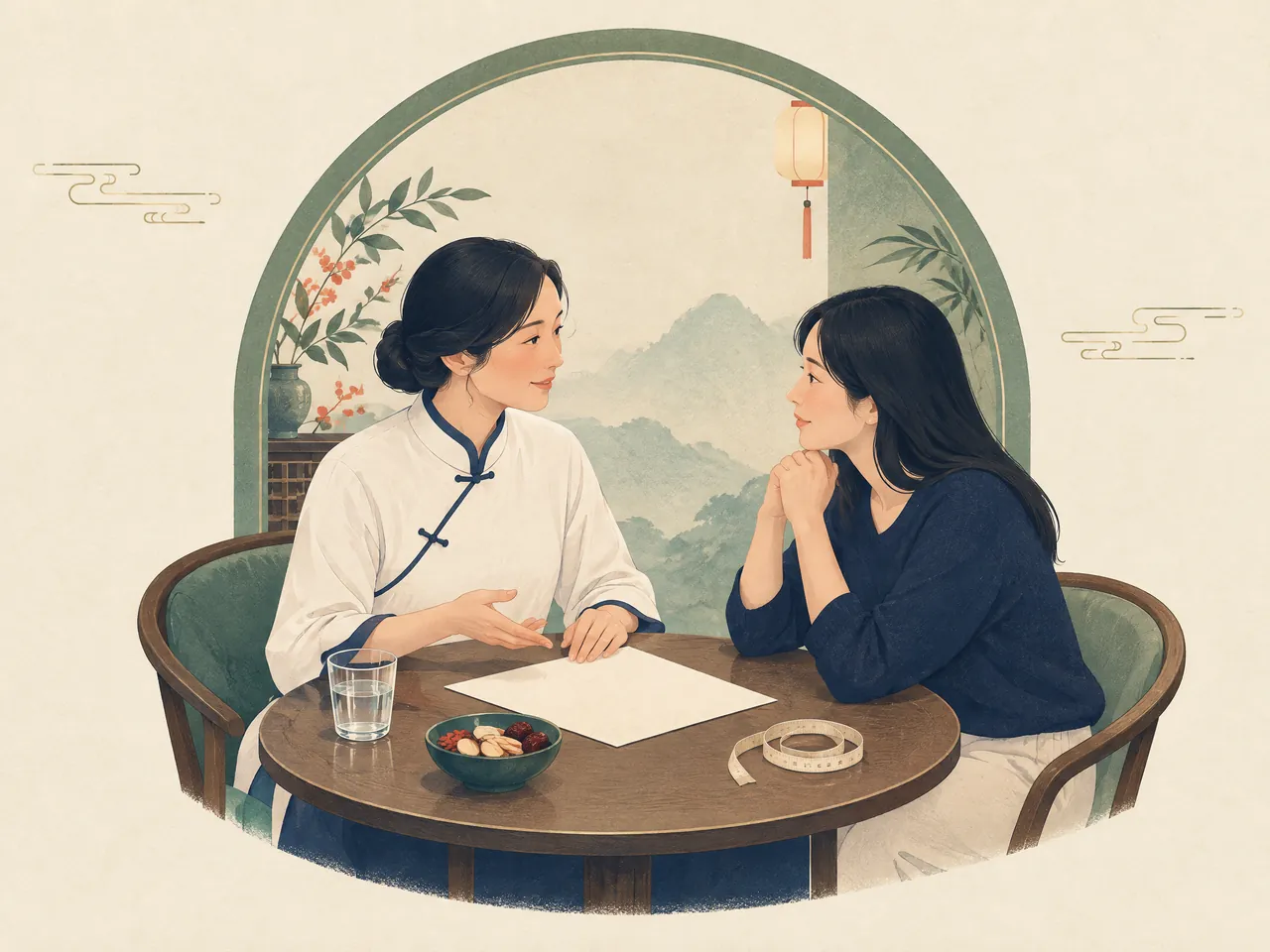 What should I ask before acupoint embedding? — A Chinese medicine practitioner and adult have a collaborative weight wellbeing assessment conversation at a round table — Hong Kong