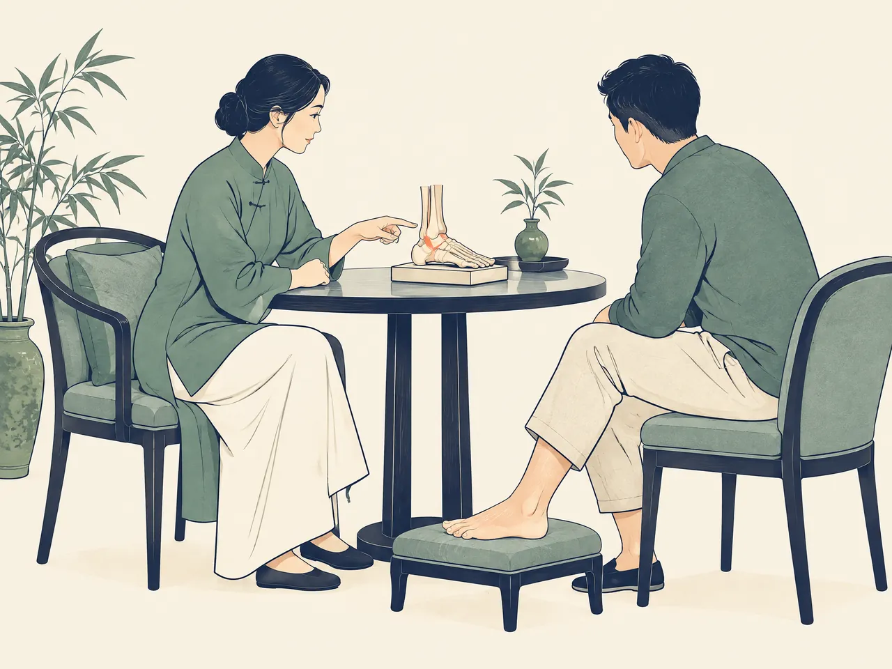 recurrent ankle sprains — Foot-and-ankle assessment discussion, with a practitioner and visitor focused on an unlabelled anatomical foot model — Hong Kong