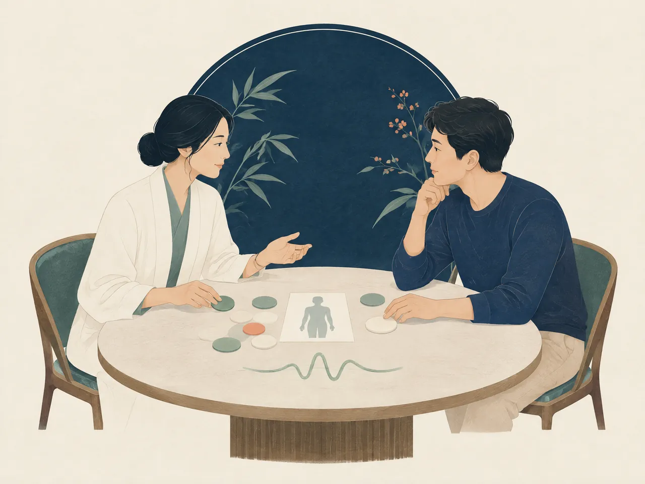 Kwun Tong Chinese medicine clinic — A calm practitioner-and-visitor assessment discussion at a round table using an unlabelled body silhouette card and coloured tokens — Hong Kong