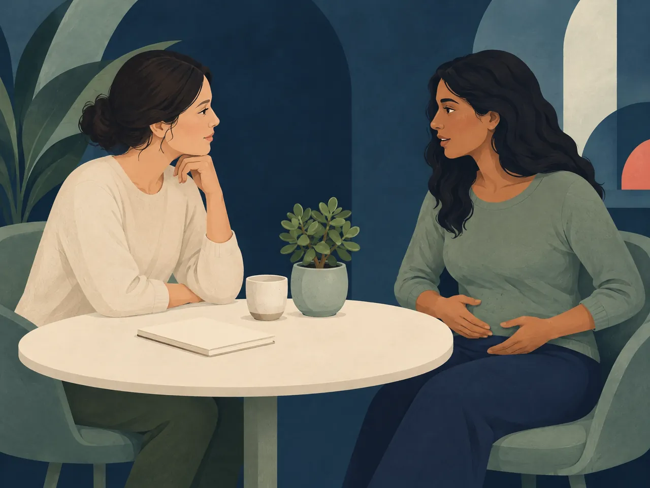 sciatica diagnosis and examination — Two women in a calm assessment discussion across a round table with a blank notebook and potted plant — Hong Kong
