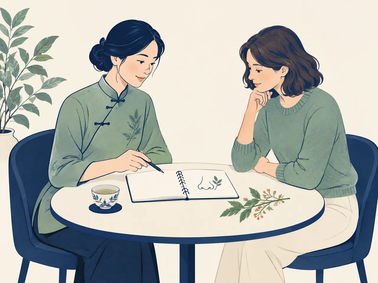 non-allergic rhinitis — A respectful rhinitis consultation in which a practitioner and visitor review an unlabelled nasal profile sketch — Hong Kong