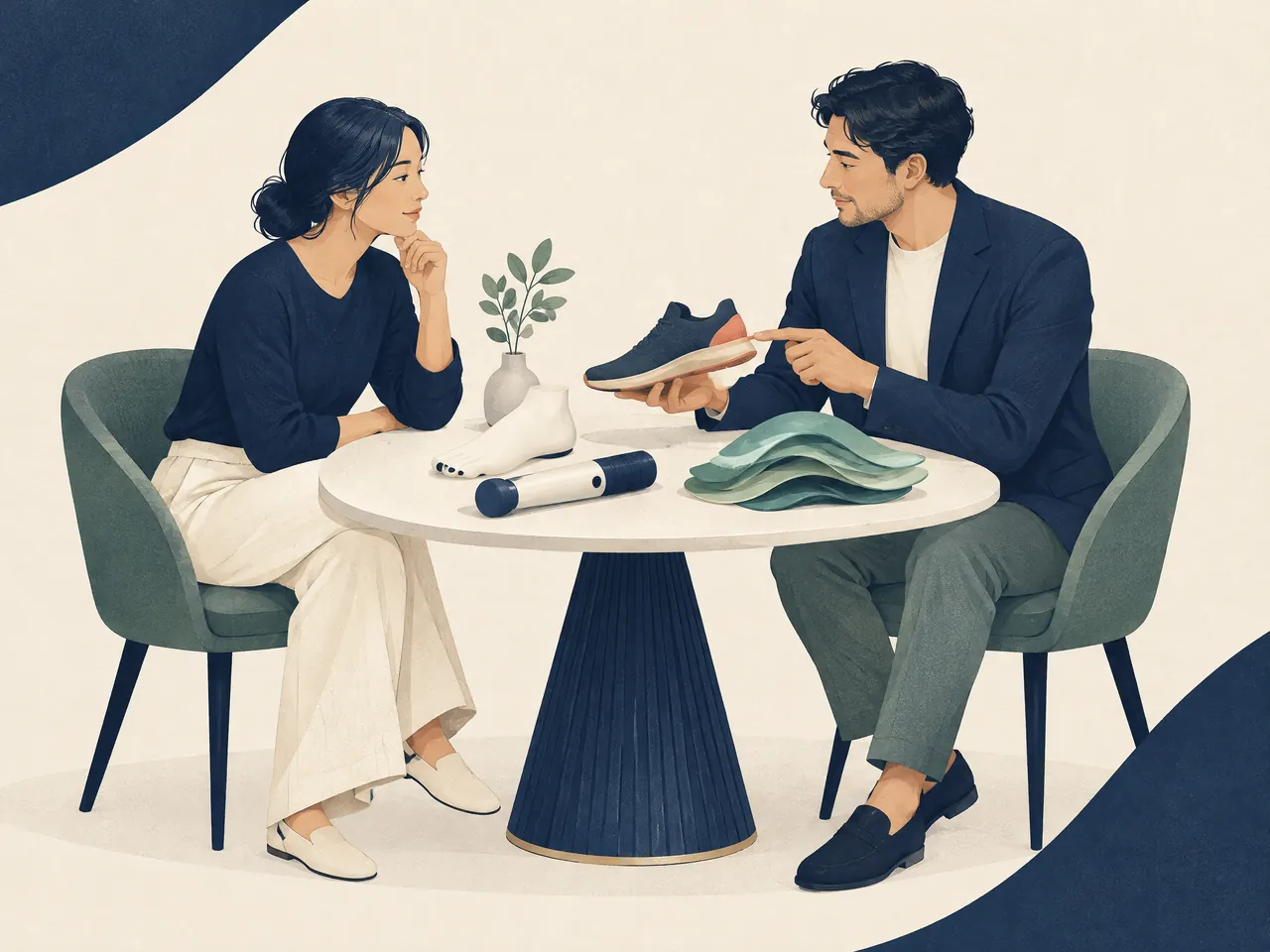 pain assessment — Two adults discuss a shoe and lower-leg model at a table with an unbranded shockwave handpiece — Hong Kong