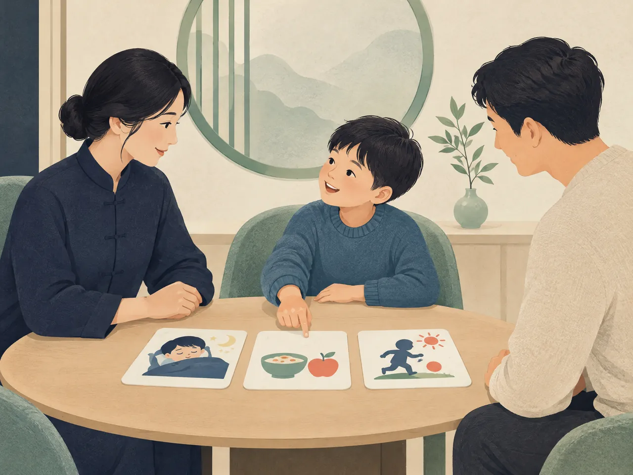 paediatrics in CM — Child, parent and Chinese medicine practitioner discussing sleep, appetite and play through clear illustrated picture cards — Hong Kong