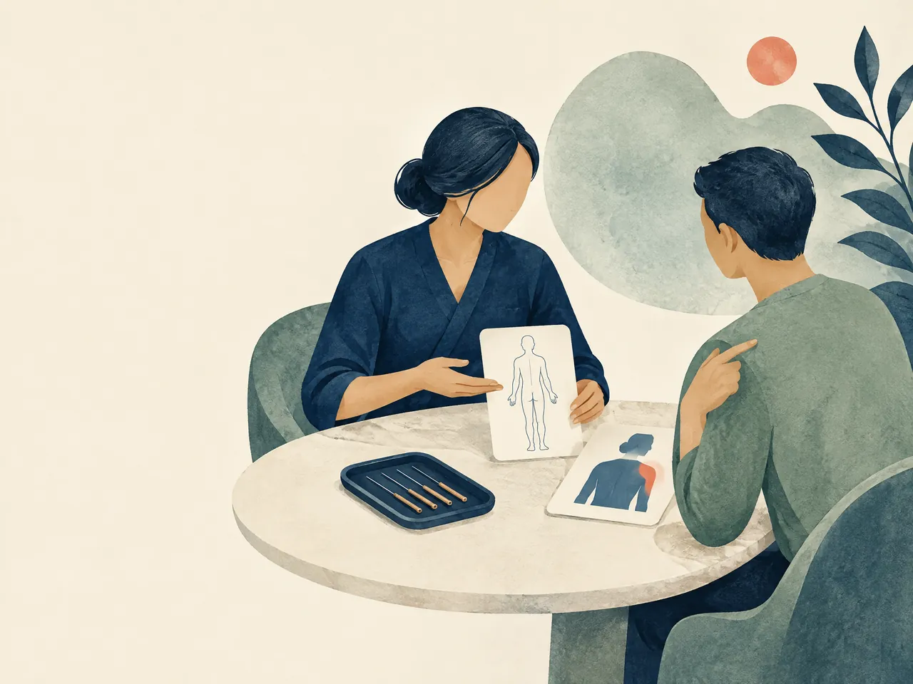 acupuncture for herniated disc — A practitioner and patient discussing a blank anatomical outline and shoulder-area silhouette beside a needle tray — Hong Kong