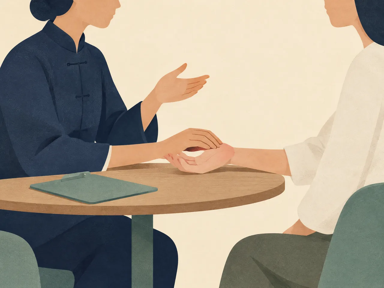 wrist pain — A calm practitioner-led wrist assessment at a small table, focusing on an open palm and gentle wrist observation — Hong Kong