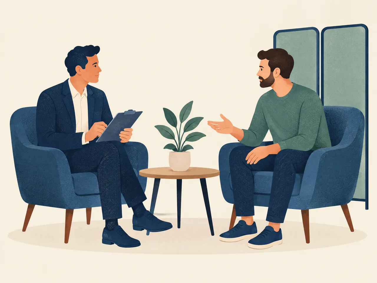 when should I seek urgent help for difficulty urinating — A respectful seated conversation between a man and a health professional with a plain clipboard, illustrating an assessment discussion — Hong Kong