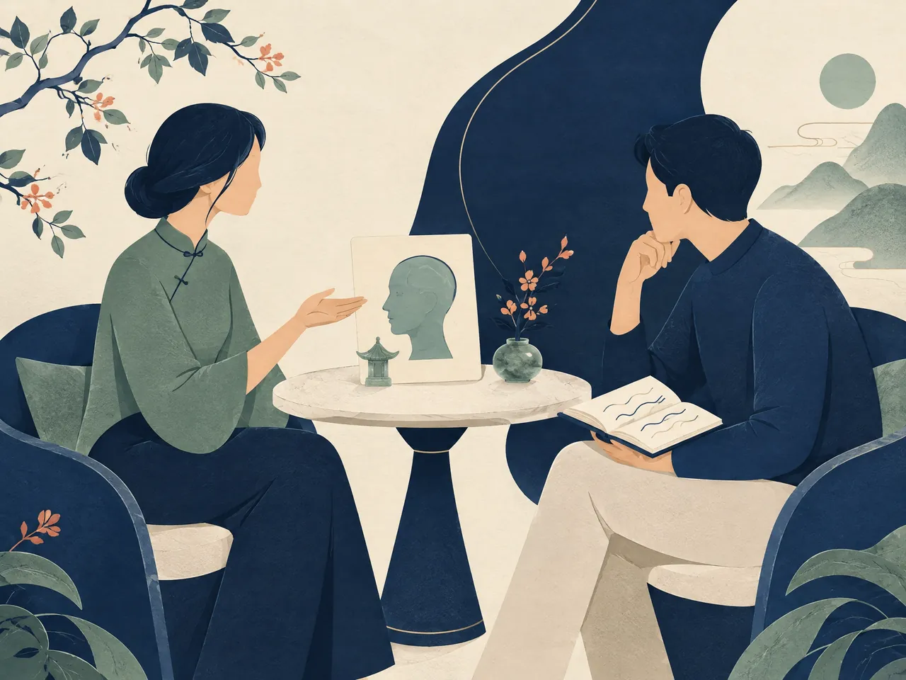 migraine medication side effects — Two fictional adults in a calm assessment conversation, using a simple head-profile card and abstract notebook marks to discuss headache patterns — Hong Kong