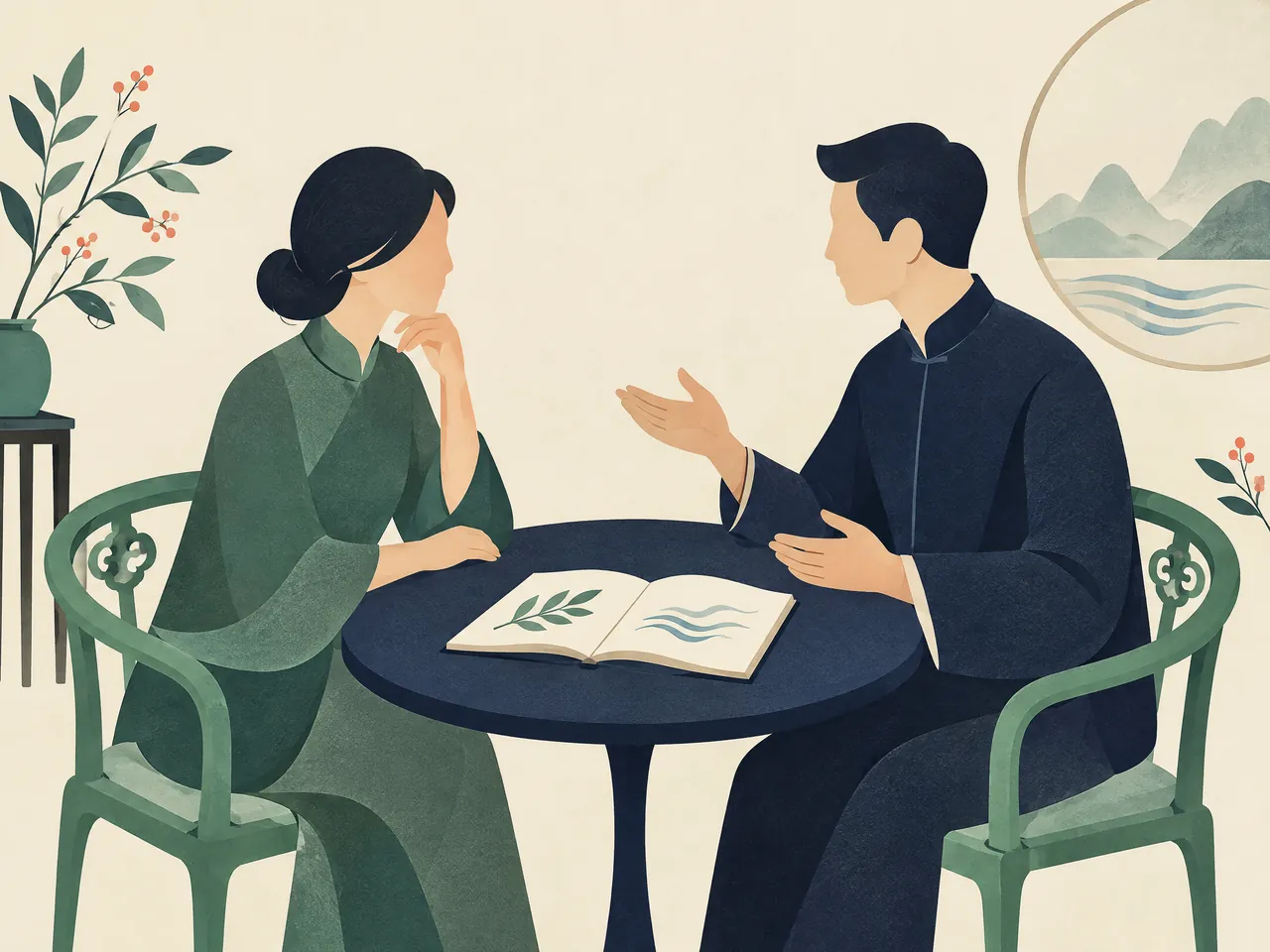 muscle strain red flags — Two people in an attentive seated discussion over an unmarked notebook, representing a consultation assessment conversation — Hong Kong