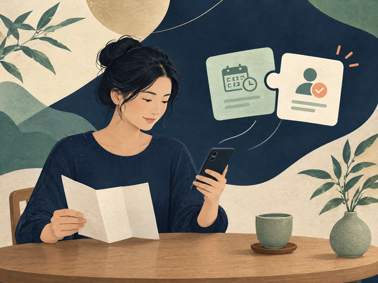 TCM Lab health information — An adult reviewing a plain folded sheet and phone beside abstract matching confirmation cards, representing an appointment enquiry and individual arrangements to be confirmed — Hong Kong